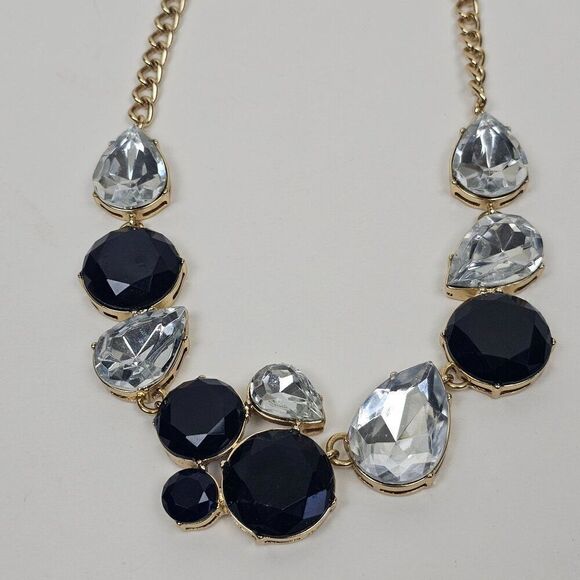 J. Crew Necklace Black White Acrylic Rhinestone Gold Tone Statement Chunky Bib - Picture 7 of 15